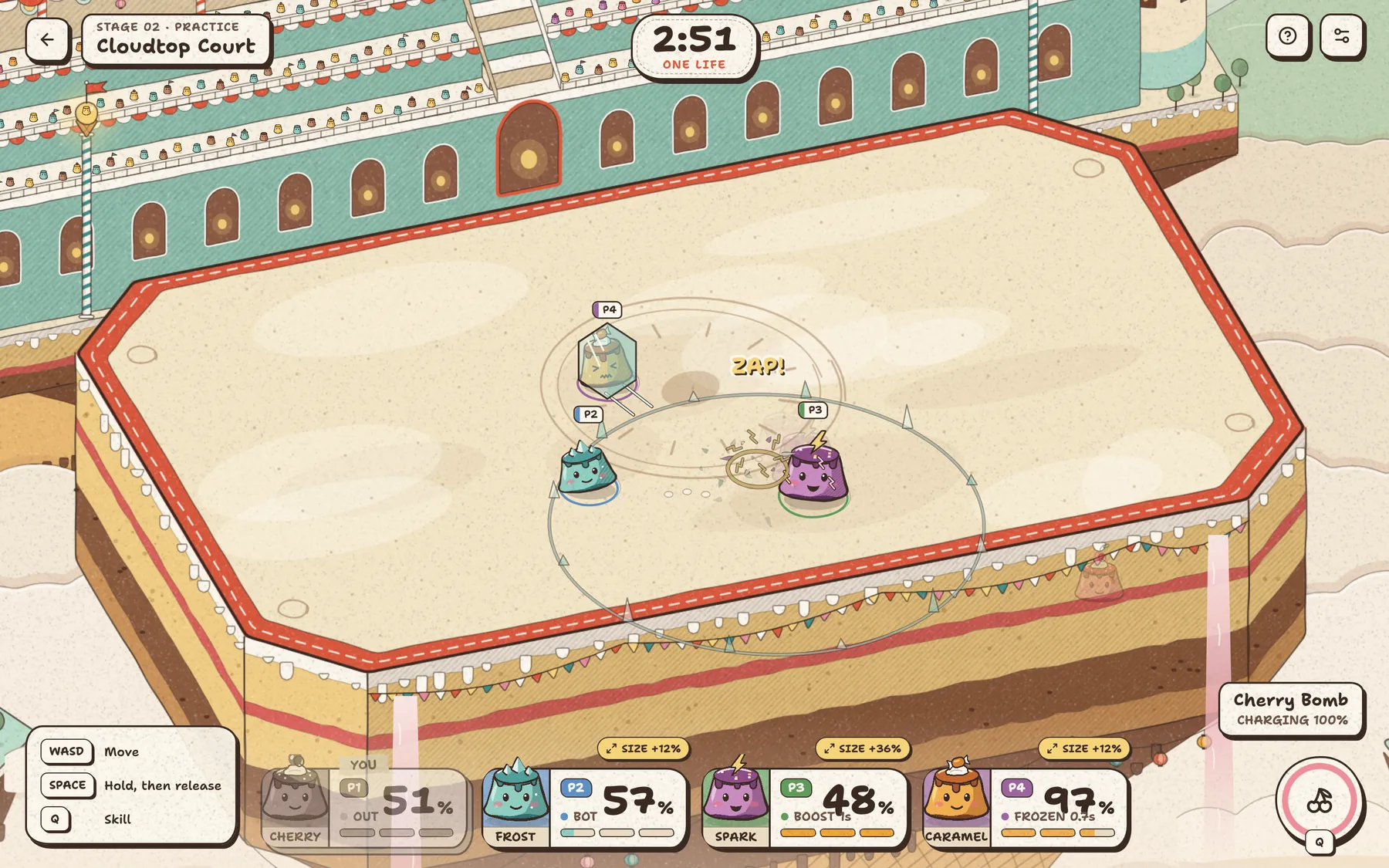 Cloudtop Court mid-match: Frost has frozen a rival into a block of ice while Spark charges in