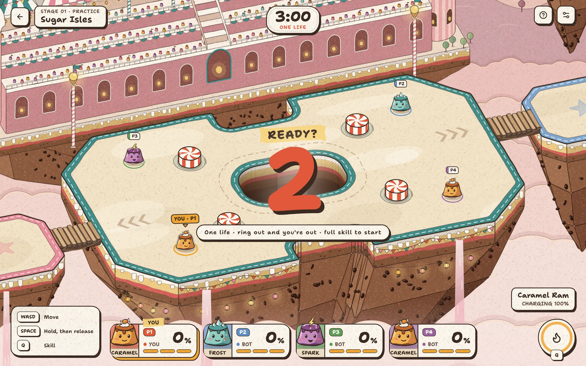 A match about to start on Sugar Isles: a big red 2 counts down while four puddings wait around a sinkhole and peppermint bumpers